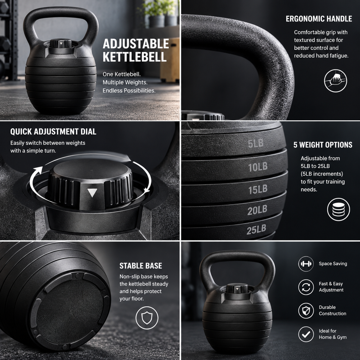 Adjustable Matte-Black Kettlebell — view 3