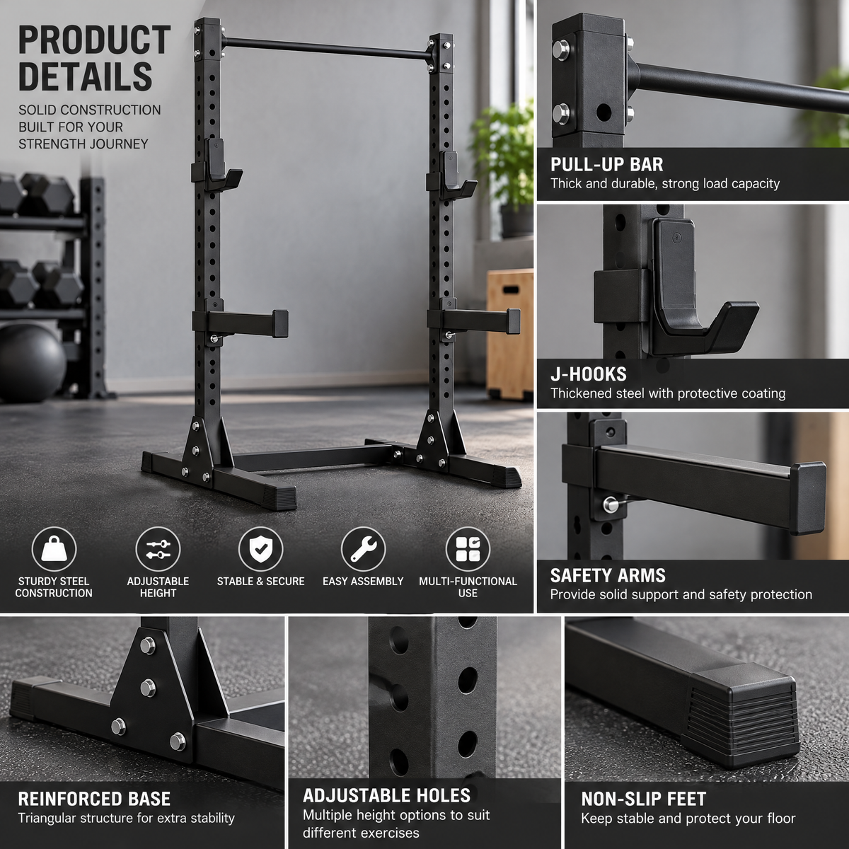Matte-Black Adjustable Squat Rack — view 3